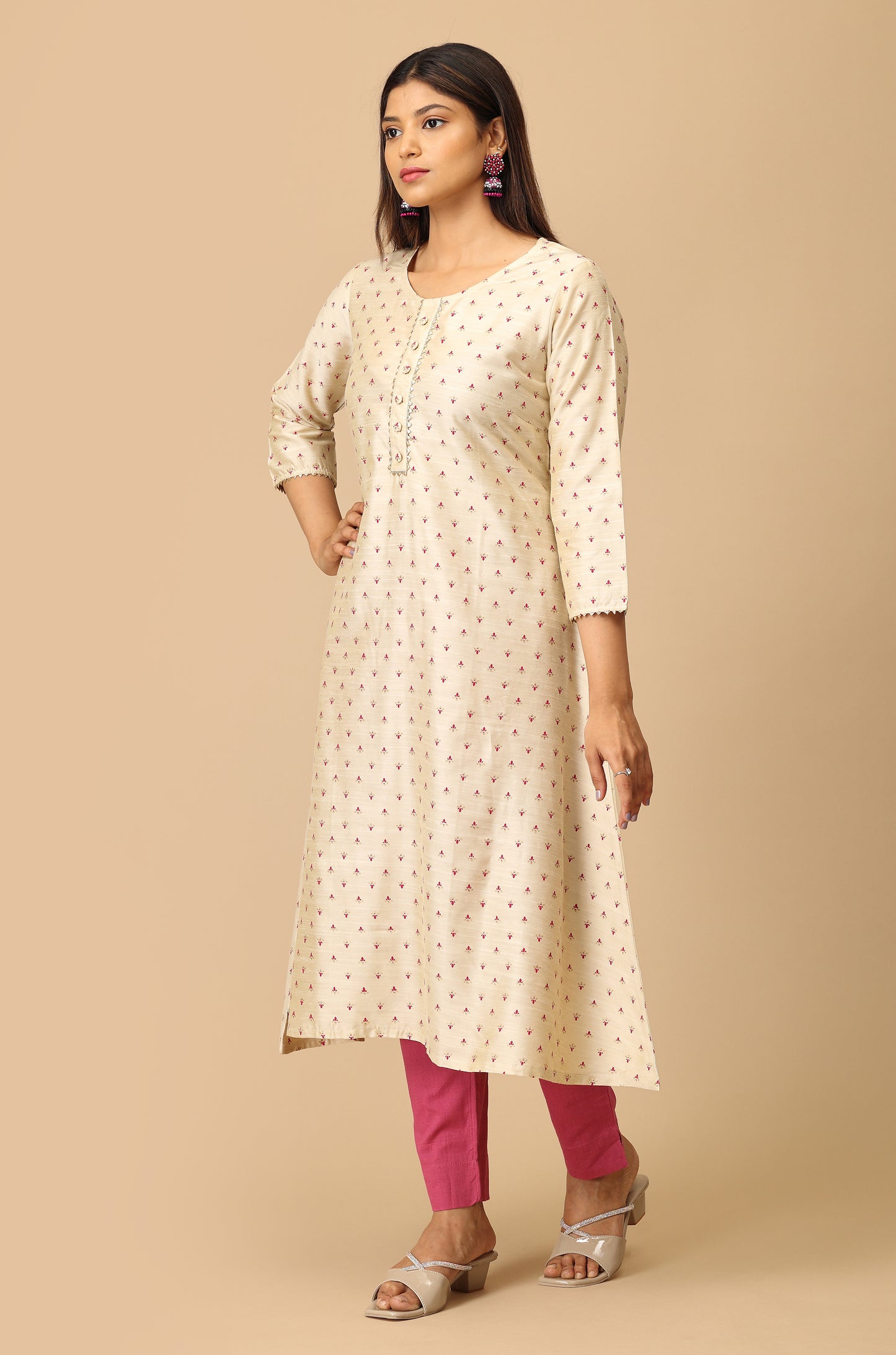 Beige Printed A-Line Lace work Kurti