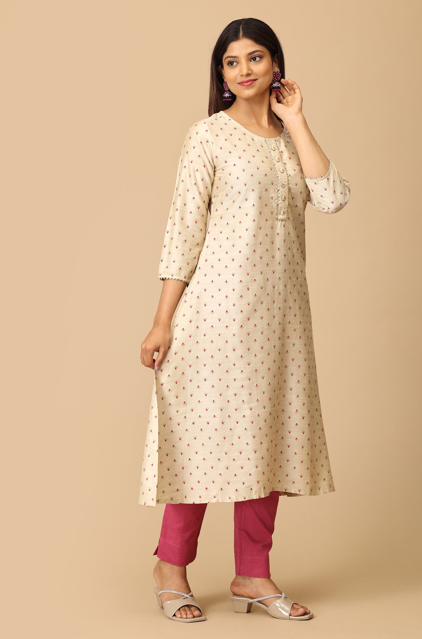 Beige Printed A-Line Lace work Kurti