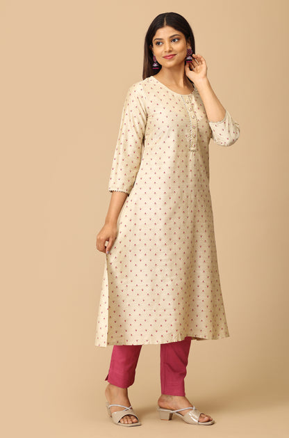 Beige Printed A-Line Lace work Kurti