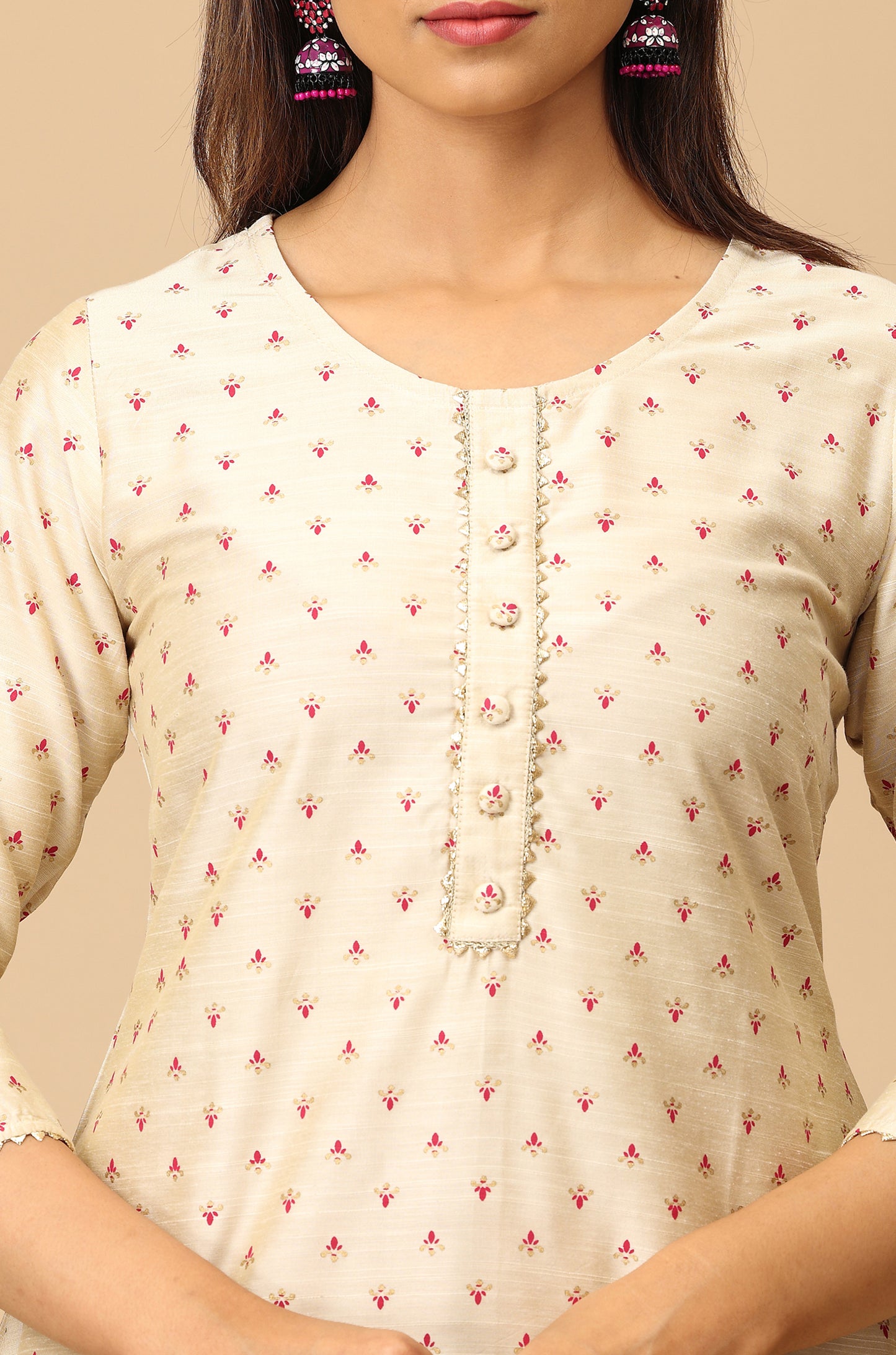 Beige Printed A-Line Lace work Kurti