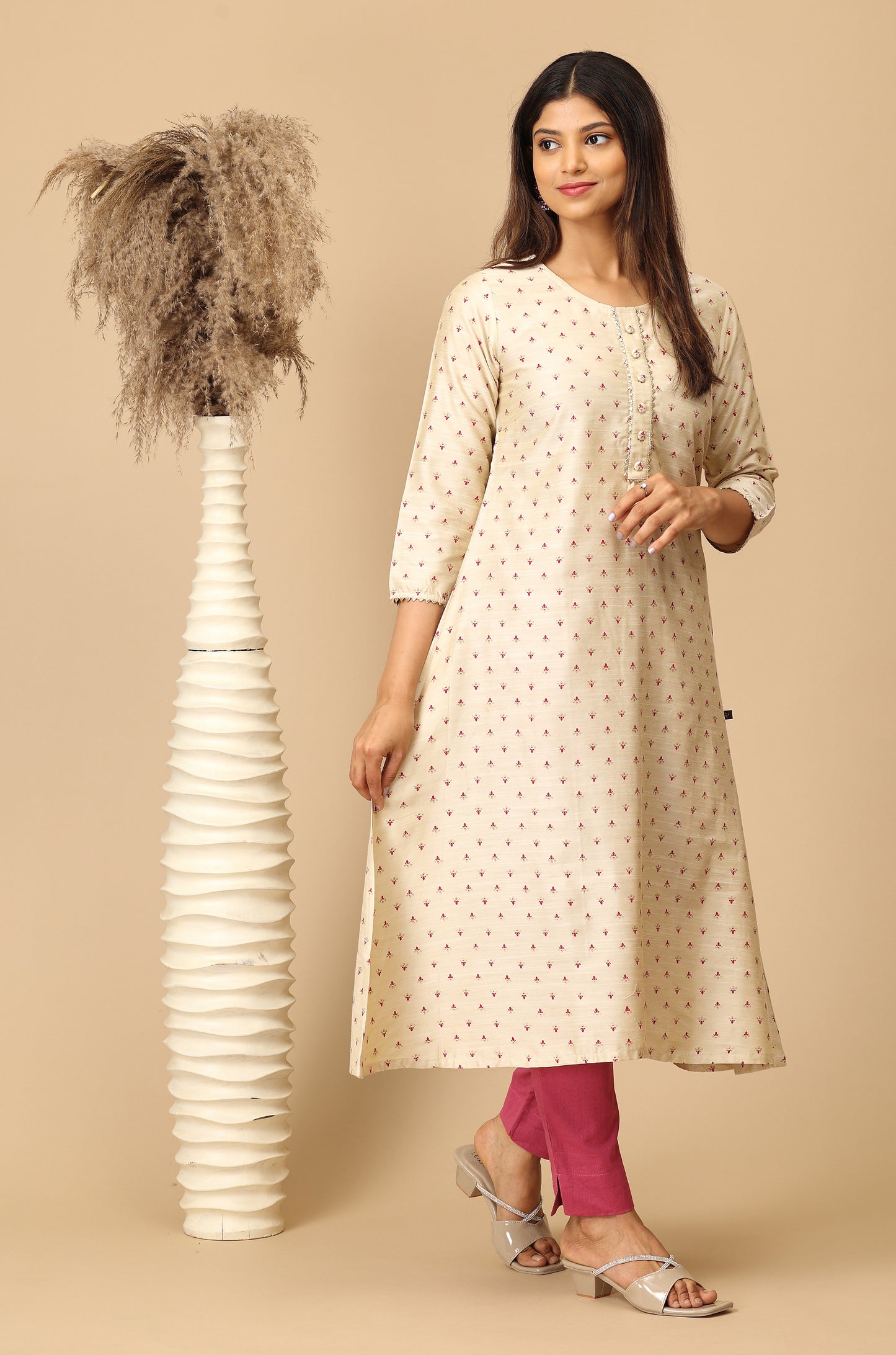 Beige Printed A-Line Lace work Kurti