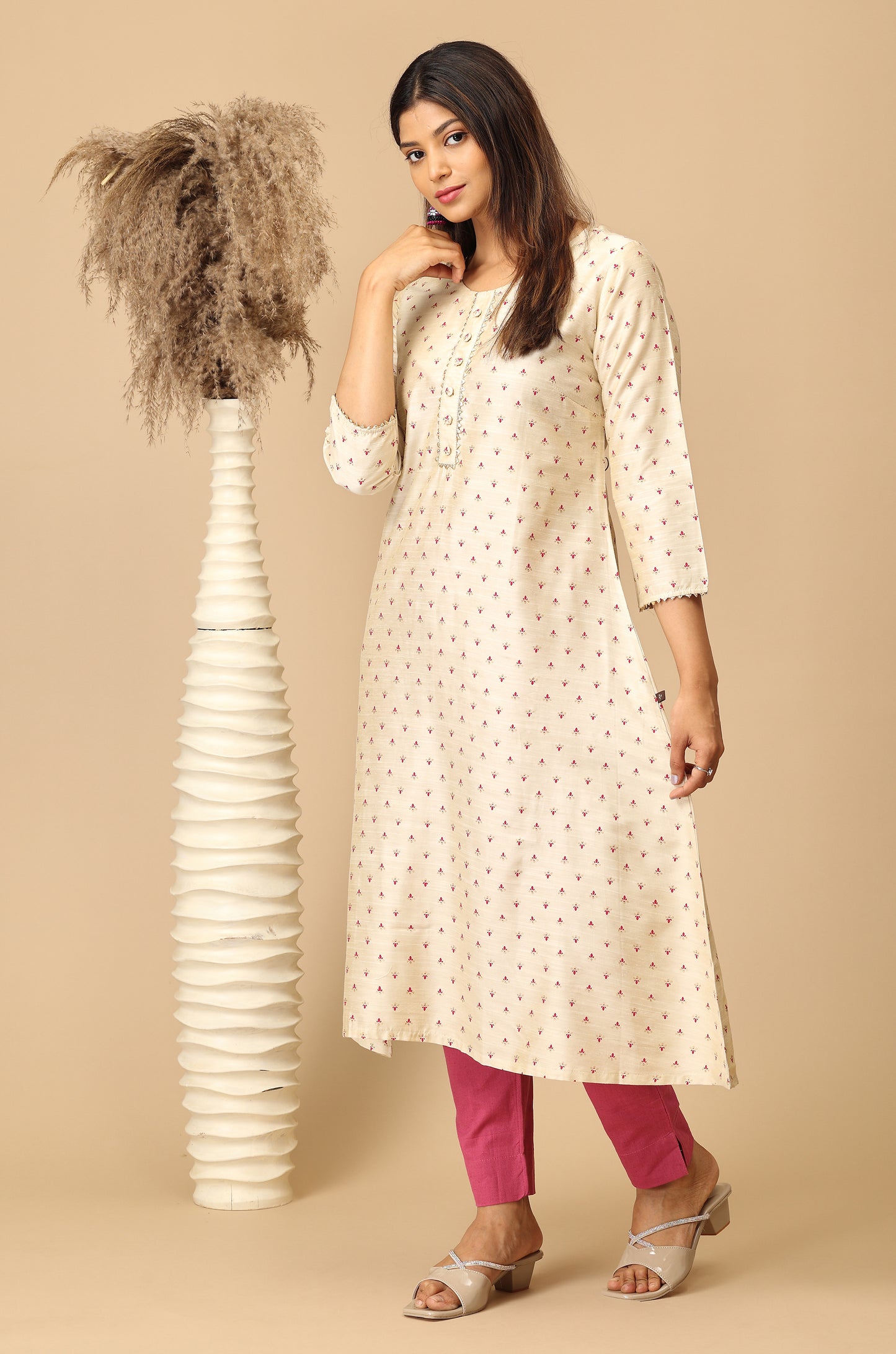 Beige Printed A-Line Lace work Kurti