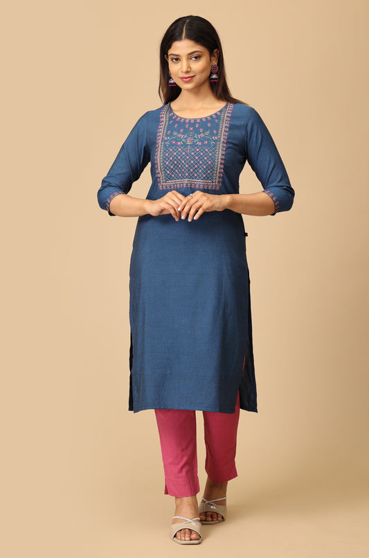 Navy Blue BB Cotton Embroidery Kurti