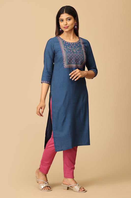 Navy Blue BB Cotton Embroidery Kurti