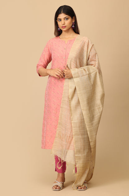 Peach Slub Silk Printed Kurti