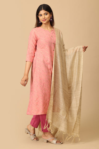 Peach Slub Silk Printed Kurti