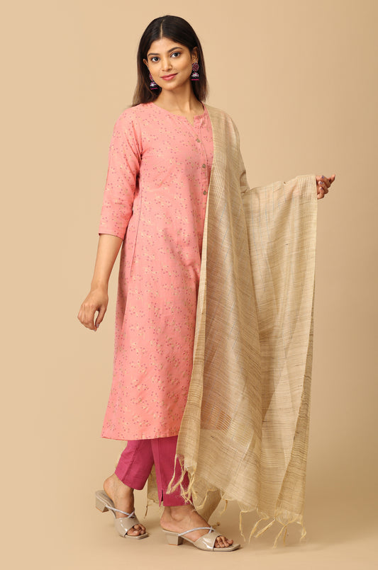Peach Slub Silk Printed Kurti